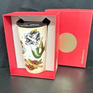 Starbucks Red Box Travel Mug with Green Mermaid and Black Lid